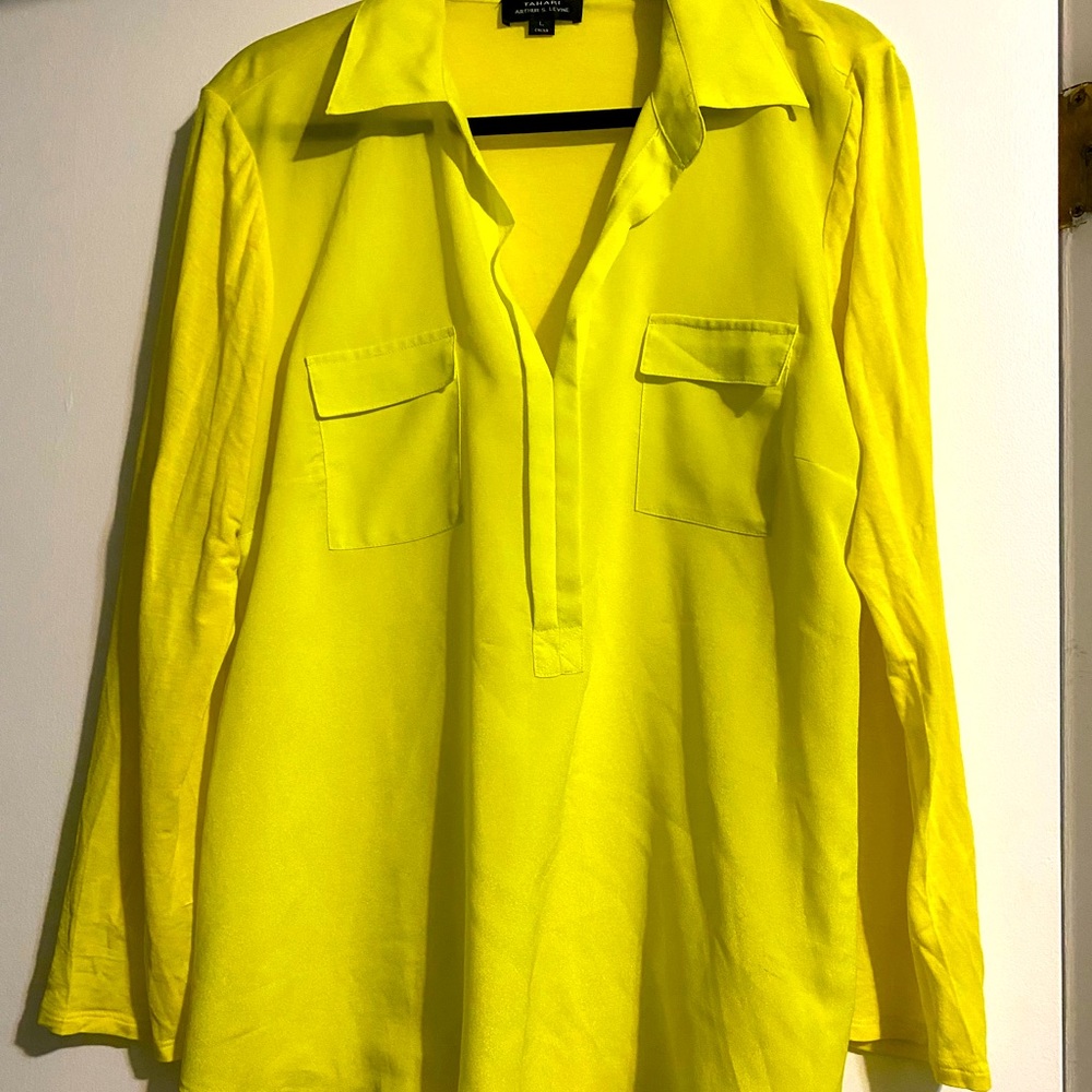 Tahari blouse, size large; bright yellow; sheer front; cotton stretch back